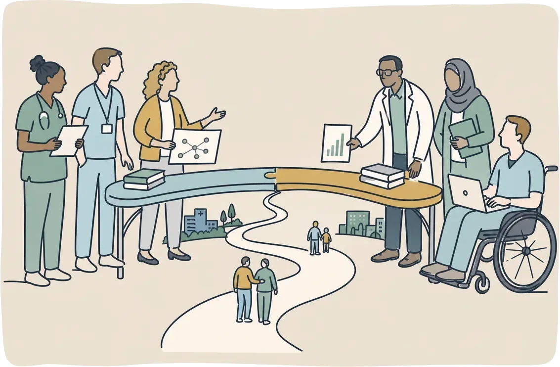 Illustration of NHS staff from different organisations working together along a shared pathway