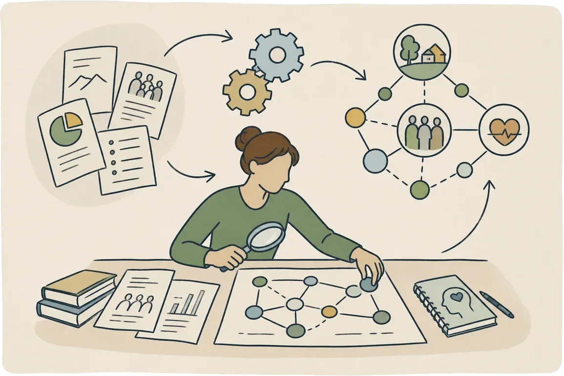 Illustration of a researcher mapping evidence and programme theory