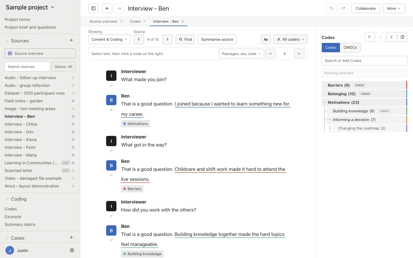 The Oriel main window, with sources in the sidebar on the left, an interview transcript in the centre and the Codes panel on the right