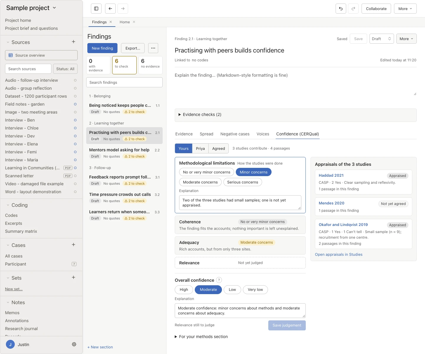 A finding's Confidence (CERQual) tab, with the four components, the overall confidence and the appraisals of contributing studies