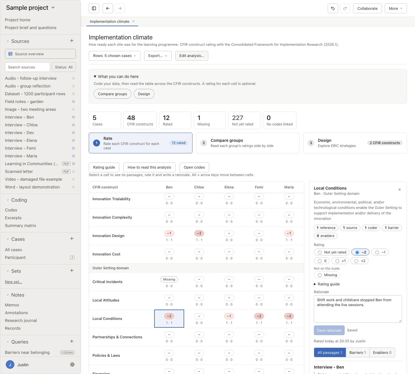 A CFIR construct rating analysis, with a row for each construct, a column for each case and a panel for rating the chosen cell