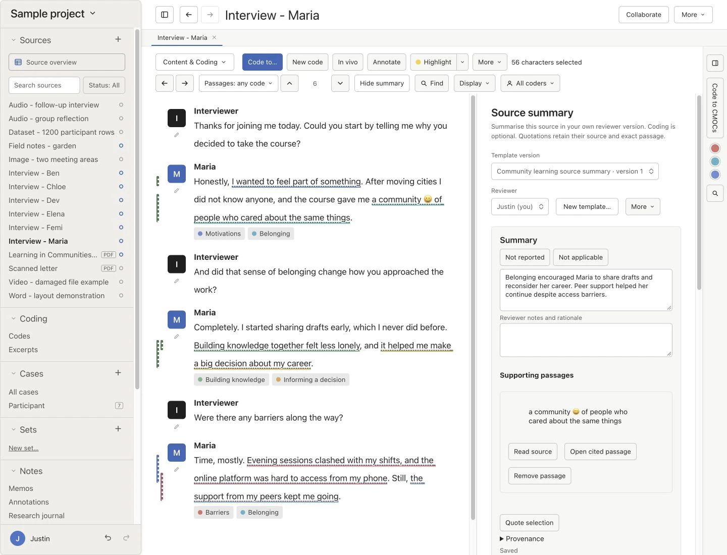 An interview with the Source summary panel open beside it, showing a summary, reviewer notes and supporting passages