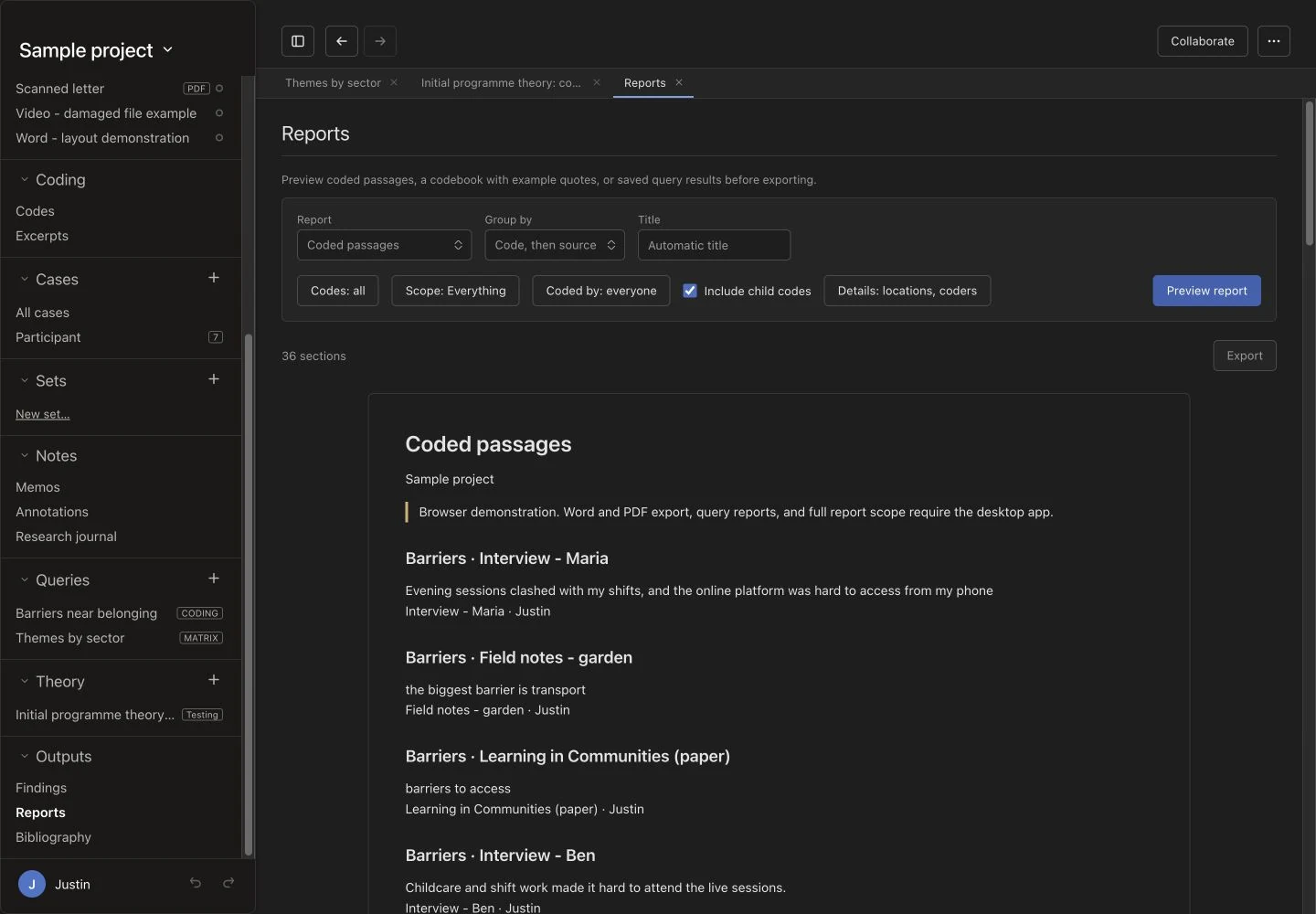 Reports view showing a coded-passage preview and the Export control