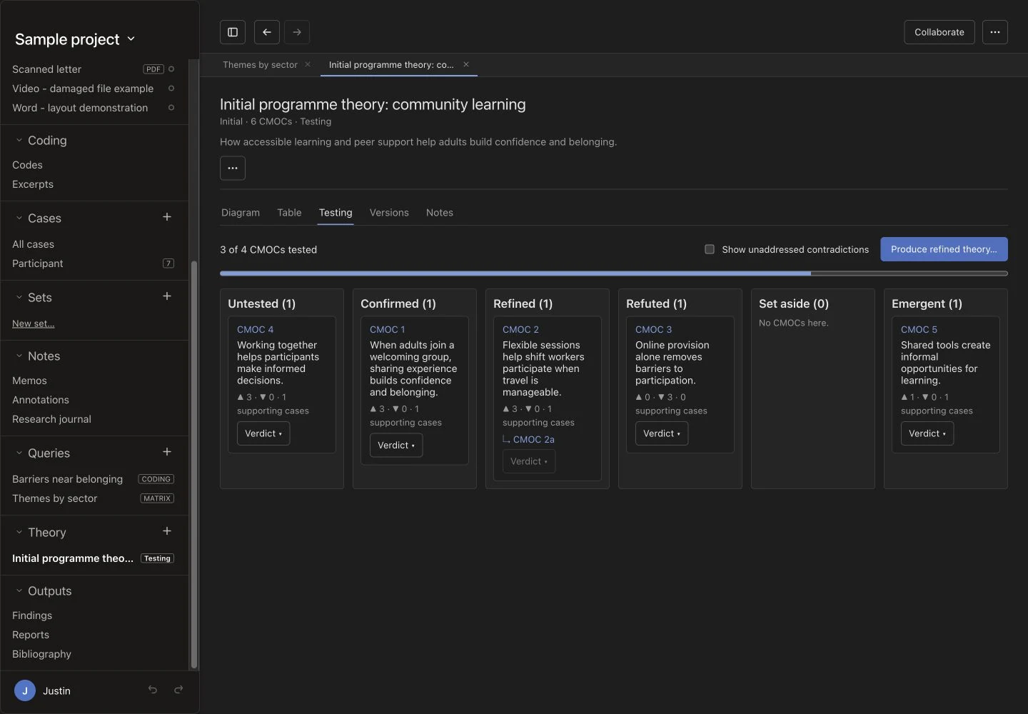 Testing board with CMOCs in confirmed, refined, and refuted columns