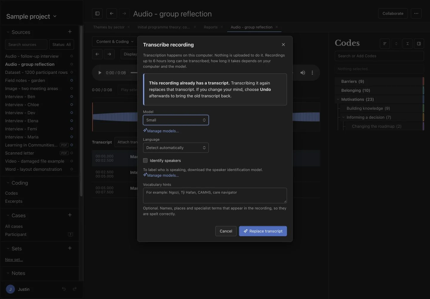 Transcription dialogue with model and speaker options