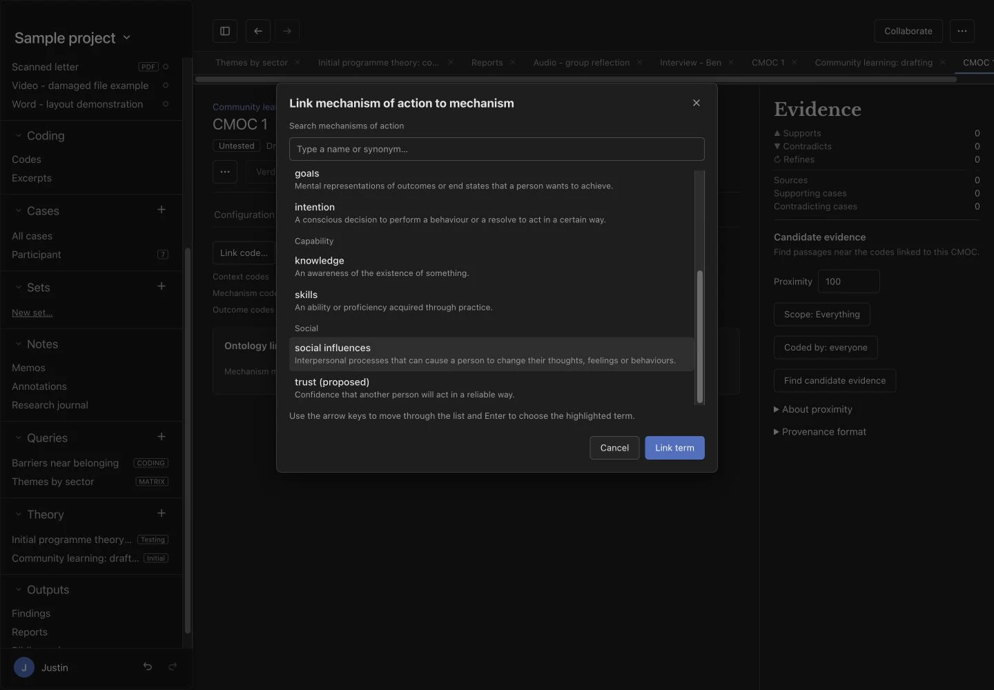 Mechanism of action picker showing behavioural science terms, definitions, and the Link term button