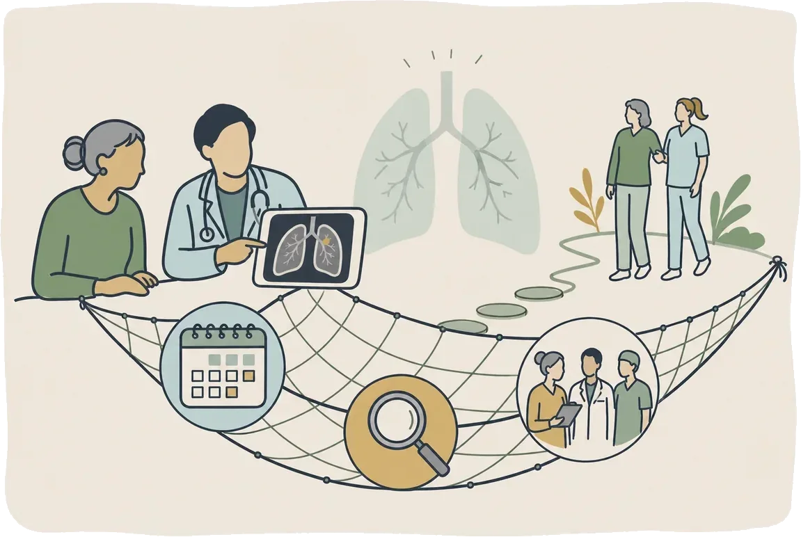Illustration of a clinical team reviewing lung scans within a safety-net pathway