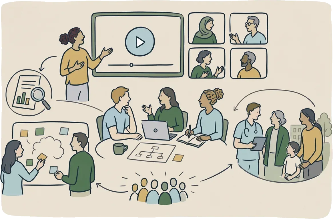 Illustration of a researcher teaching a mixed group of health professionals